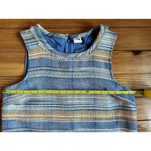 Anthropologie Crew Neck Woven Texture Blue Yellow Sleeveless Knee Length Dress - Picture 8 of 11